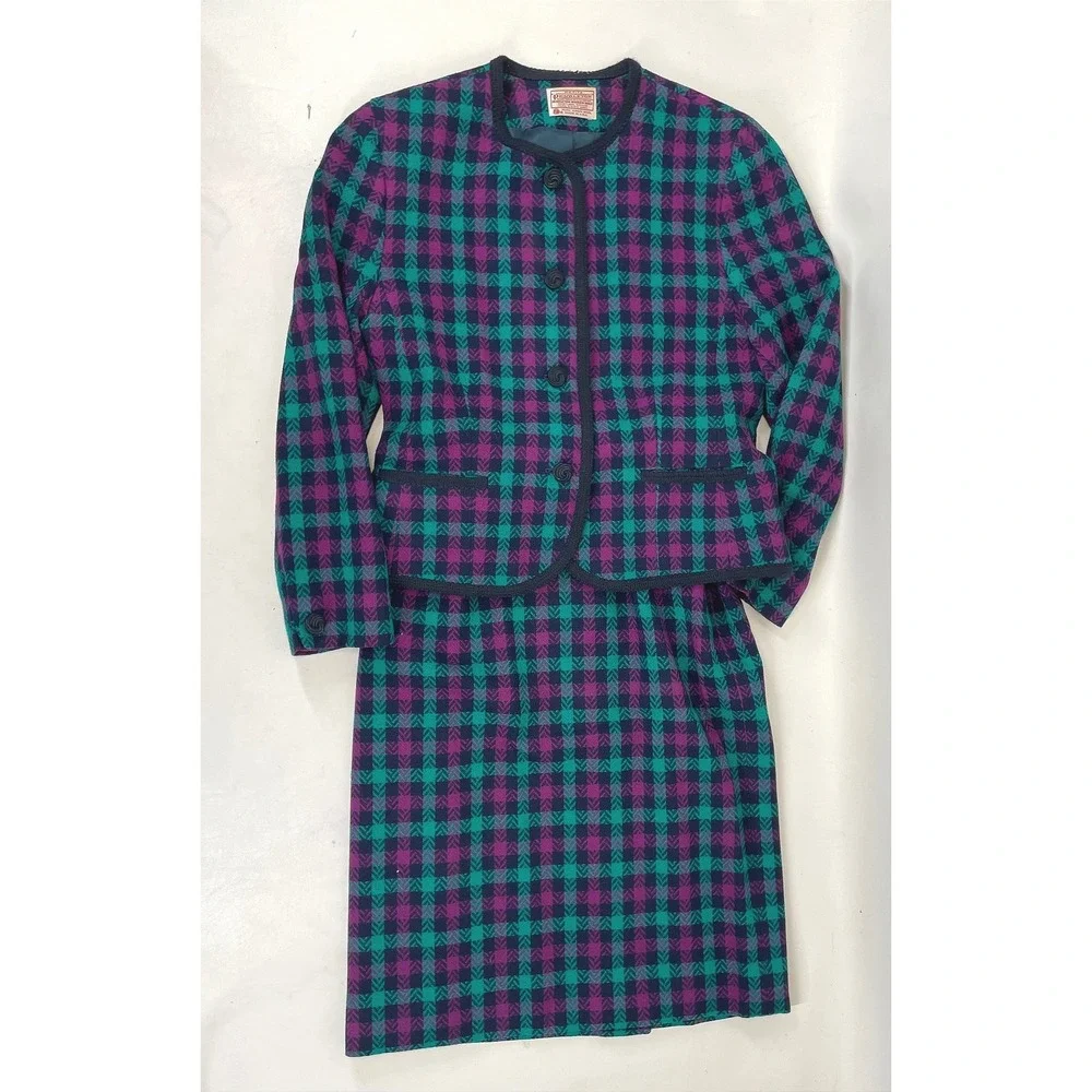 Pendleton Vintage Wool Suit Purple Teal Plaid Blazer 12P Skirt 10 Set P375-209